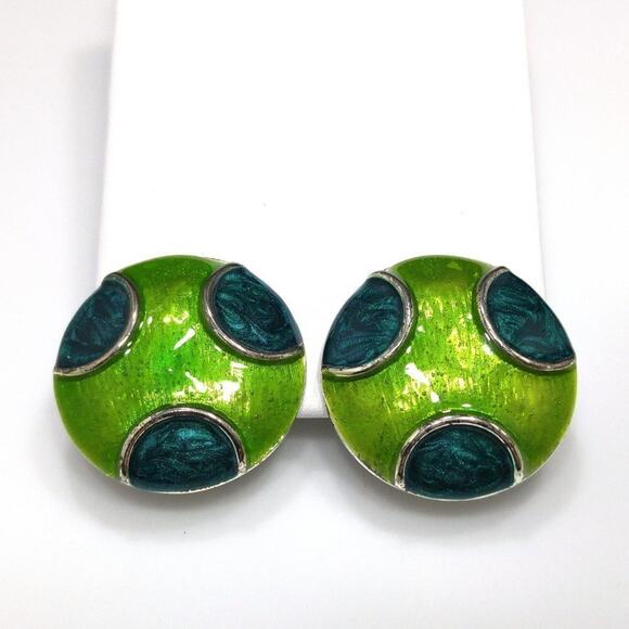 Vintage Enamel Earrings, Blue Lime Green Large Round Clips, 1 1/4 Inches - Picture 8 of 9
